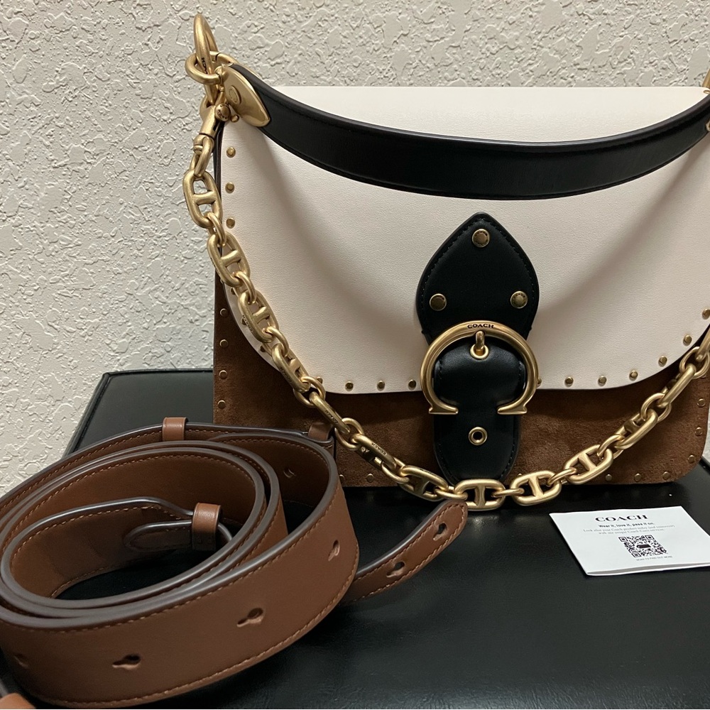 Coach Beat Colorblock Rivets Brown and White Leather Crossbody Bag